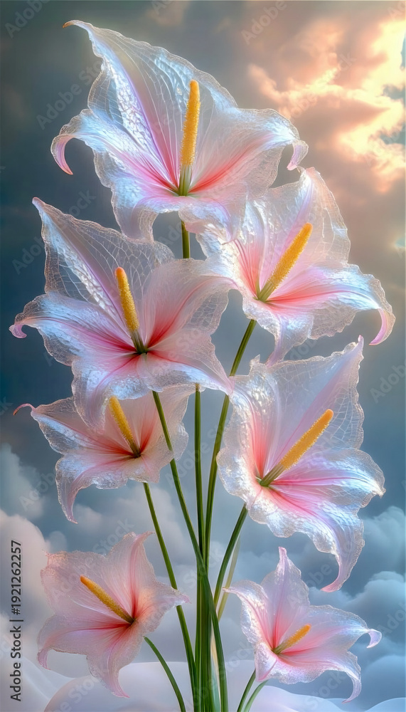 Fototapeta premium White pearl background, transparent washed-out watercolor, shimmering powder, airy, sunny, luxurious white flowers, close-up, glitter, dew drops, transparent, sparkle marble