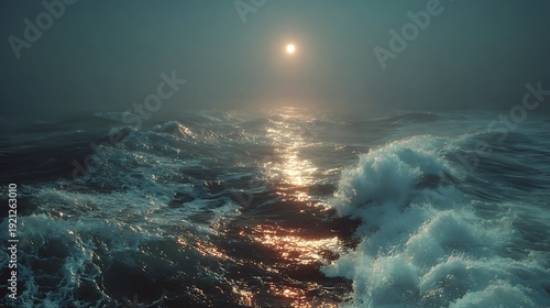 Calm open sea under moonlight with soft misty ocean waves wallpapers