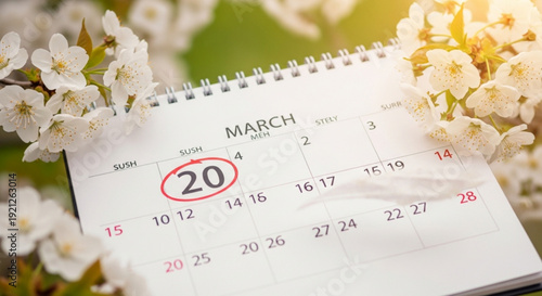 March calendar page with 20th circled surrounded by white flowers on blurred green background