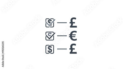 Currency Symbols and Check Marks.