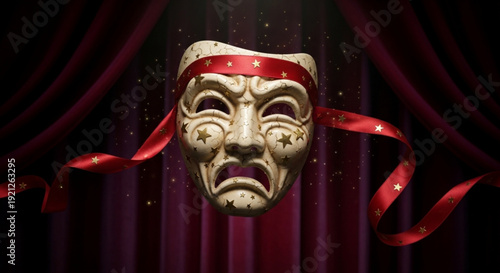 Theatrical tragedy mask with red ribbons on a dark stage background with curtains