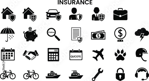 Insurance icons and symbols for various policies and coverage