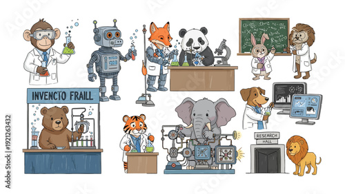 Animal Scientists and Robotic Lab: A whimsical illustration of various animals and a robot in a laboratory setting, conducting experiments and engaging in scientific exploration. 