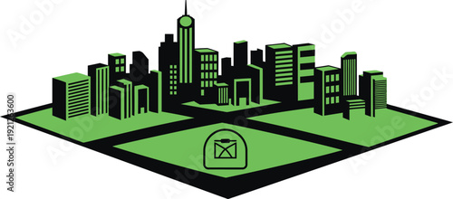 Green cityscape with black buildings and park