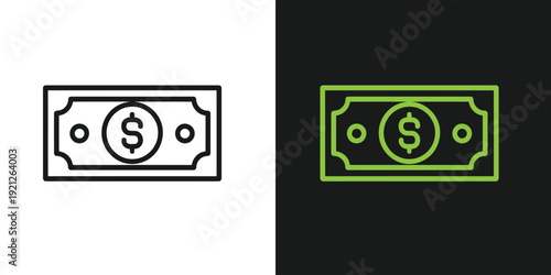Dollar bill icon displayed in two contrasting formats on white and black backgrounds from a direct front viewpoint