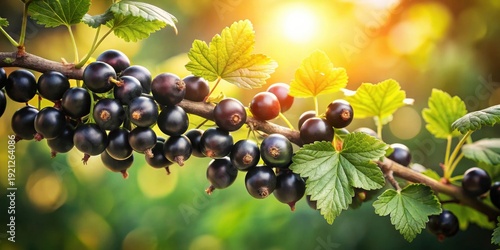 Sunlit blackcurrant branch with lush green leaves, a vibrant summer harvest scene
