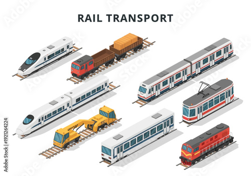 Isometric train collection including high-speed trains, cargo trains, subway and trams, representing various types of rail transport systems and infrastructure