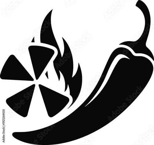 Hot Chili Pepper And Spicy Nachos Silhouette Vector Set, Mexican Food Icons With Fire Flame For Restaurant Menu, Snack Graphic