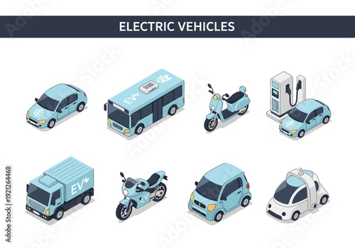 Collection of electric vehicles and charging stations in isometric view, illustrating sustainable transportation and future mobility concepts