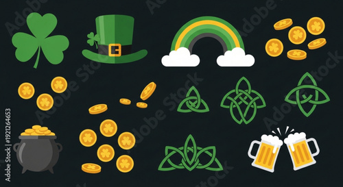 St patrick's day icons including shamrock leprechaun hat rainbow gold coins celtic knots and beer mugs on black background