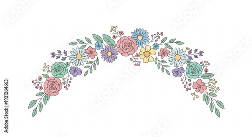 Colorful floral arch with roses daisies and wildflowers on white background for decoration and design