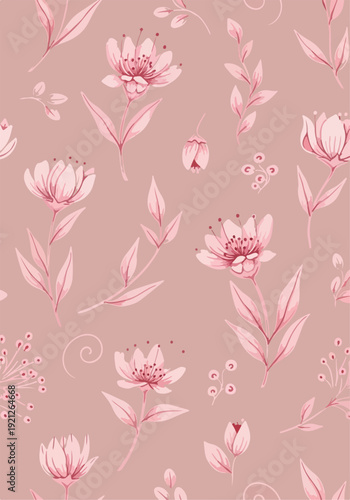 Fresh pastel flower pattern with scattered blooms and greenery on clean white background
