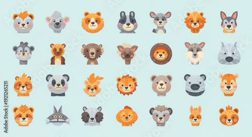 Collection of cartoon animal faces in various colors and expressions on light blue background perfect for children's content