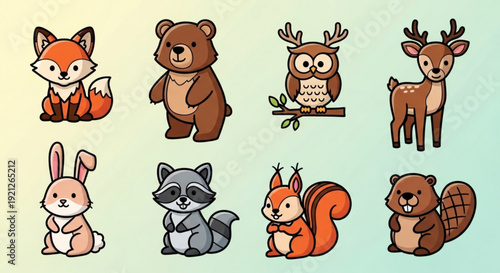 Collection of cartoon forest animals including fox bear owl deer rabbit raccoon squirrel and squirrel in a whimsical setting with a gradient background