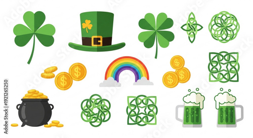 St patrick's day icons set with shamrocks pot of gold rainbow and beer
