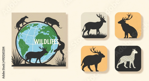 Wildlife conservation icons featuring animal silhouettes and globe with grass emphasizing endangered species protection and earth