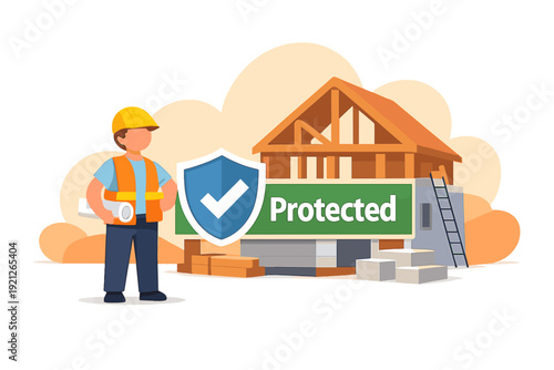 Construction worker standing by protected building site safety concept.