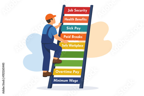 Man climbing ladder of employee benefits towards job security.