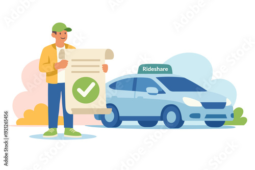 Man holding document with checkmark next to ride share car.