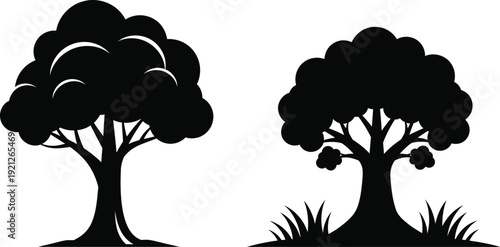 Black silhouette of two trees with grass on white background