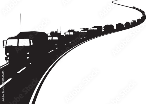Military trucks convoy vector silhouette illustration, line art, army vehicles on road