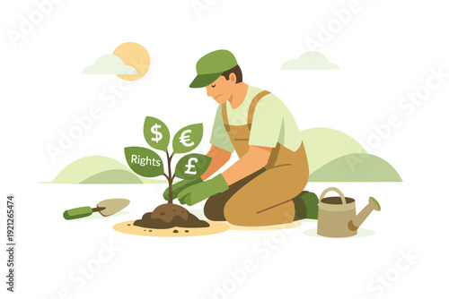Man planting money tree with currency symbols on leaves.