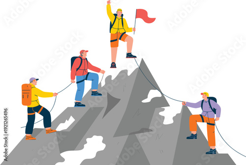 Team of diverse mountain climbers reaching summit together, business teamwork achievement concept, group of people hiking peak with red flag.