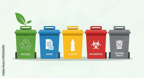 Colorful recycling bins for paper plastic hazardous general waste and recycling with a green plant growing from the recycle bin symbolizing eco friendly waste management