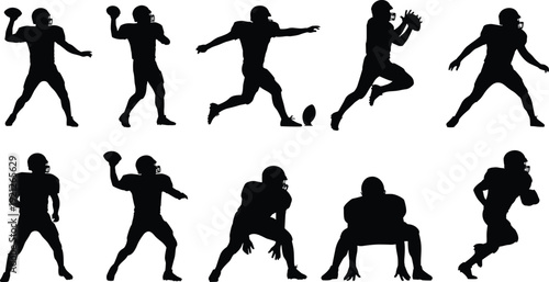 American Football Player Silhouette Vector Set, Action Poses Of Quarterback Throwing, Kicking, Running