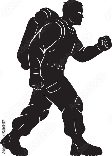 Soldier marching silhouette illustration with backpack and gear in full tactical equipment