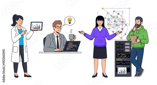 Diverse professional team analyzing data, developing software, and managing IT infrastructure, featuring concepts of innovation, technology, and business collaboration.