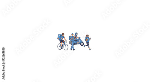 Diverse Courier Team Delivering Packages by Bike, Scooter, and Foot in Modern Urban Logistics