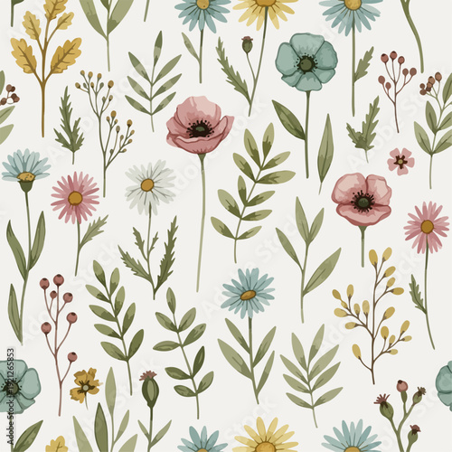 Feminine pastel flower pattern with balanced composition and gentle organic movement
