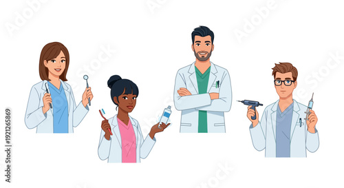 Diverse Dental Professionals Team with Dental Tools and Oral Hygiene Products Vector Illustration