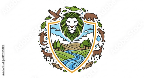 Nature conservation crest with lion animals river and landscape symbolizing environmental protection and wildlife preservation
