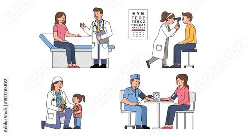 Medical Check-up Scenes with Doctors, Nurses, and Patients Vector Illustration Set