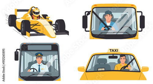 Vector Illustration of Professional Drivers in Various Vehicles: Race Car, Truck, Bus, and Taxi