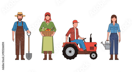 Farmers and Agricultural Workers Vector Set with Farming Tools, Tractor, and Harvested Produce
