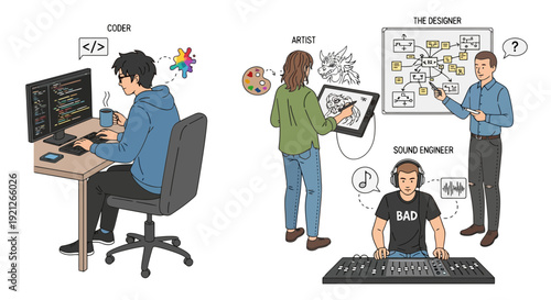 Illustration of diverse digital professions including coder, artist, designer, and sound engineer working on their tasks.