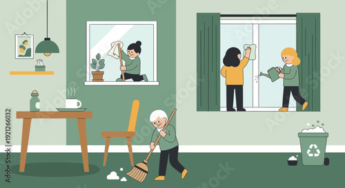 Family Members Cleaning House Together Illustration.