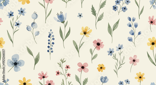 Romantic cottage garden background with hand drawn blossoms and delicate botanical accents throughout