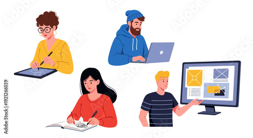 Flat vector illustration of diverse creative professionals working on design projects, including digital drawing, writing, and web design concepts.
