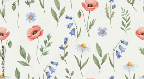 Seamless pastel floral pattern with roses, daisies, tulips, and leafy stems in soft muted vintage tones