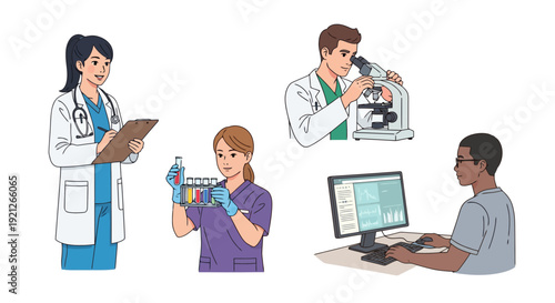 Healthcare and Science Team at Work: Medical Professionals, Laboratory Research, and Data Analysis