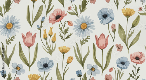 Seamless cottagecore floral print with romantic roses and wild meadow flowers
