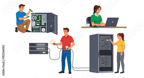 IT Support Services, Network Administration, Computer Repair, and Data Center Management Flat Vector Illustration. Professionals Working with Hardware, Servers, and Providing Technical Assistance.