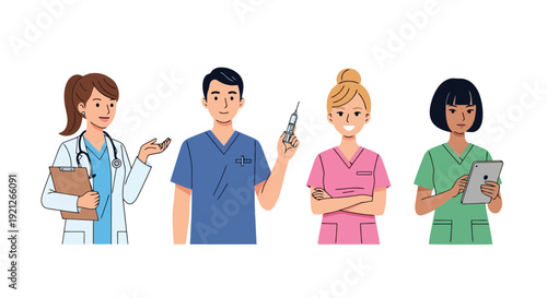 Diverse healthcare professionals team, including doctors and nurses, ready for medical consultation, treatment, and care, isolated on white background.