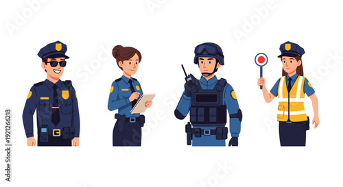 Diverse Police Officers Vector Illustration Set. Male and Female Law Enforcement Characters in Various Uniforms and Roles: Patrol, Tactical, Administrative, and Traffic.