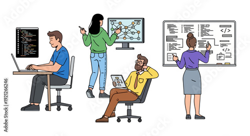 Software development team collaborating on coding, data architecture, and system diagrams. IT professionals working on project planning and problem-solving.