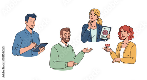 Diverse characters engaged in professional and cognitive tasks: a man writing notes, another presenting, a woman pondering brain health, and another holding a heart for well-being.